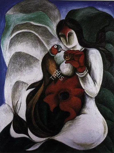 Gujral, Satish (Artist). Lady with Bird, 1995 | Painting, Ch.Lon/16.10.95, 1995
