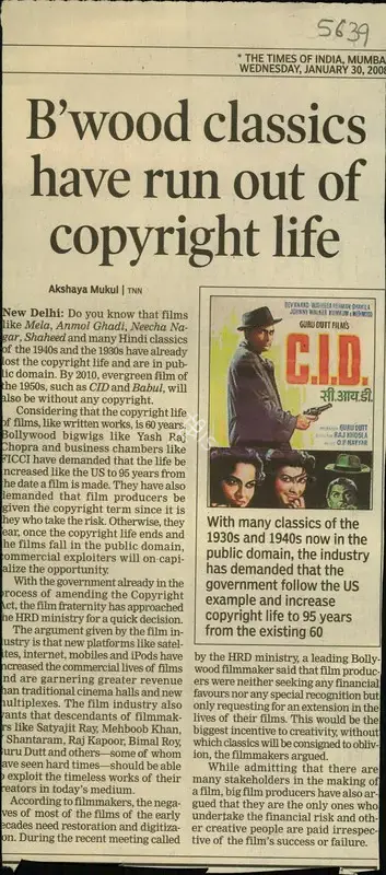 Akshaya Mukul (Reporter), B'Wood Classics Have Run Out of Copyright Life, 2008, Newspaper Clipping