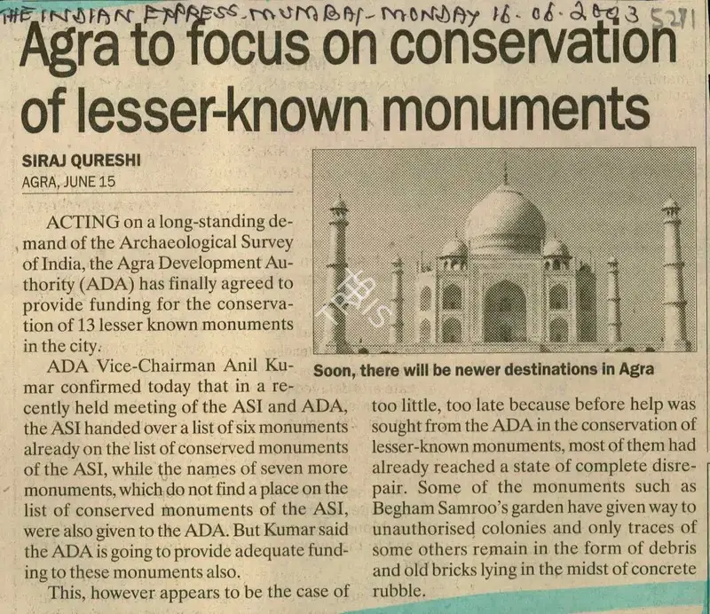 Siraj Qureshi (Reporter), Agra to Focus on Conservation of Lesser-Known Monuments, 2003, Newspaper Clipping