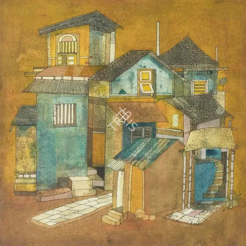 Badri Narayan (Artist), Houses with a Tiled Path, 1988, Painting