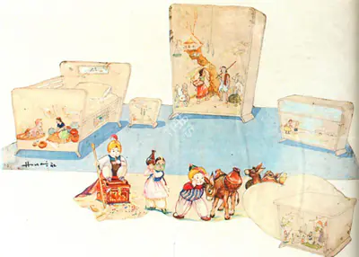 M.F. Husain (Artist), Design for a Suite of Nursery Furniture decorated with scenes of India Village Life, 1942, Painting