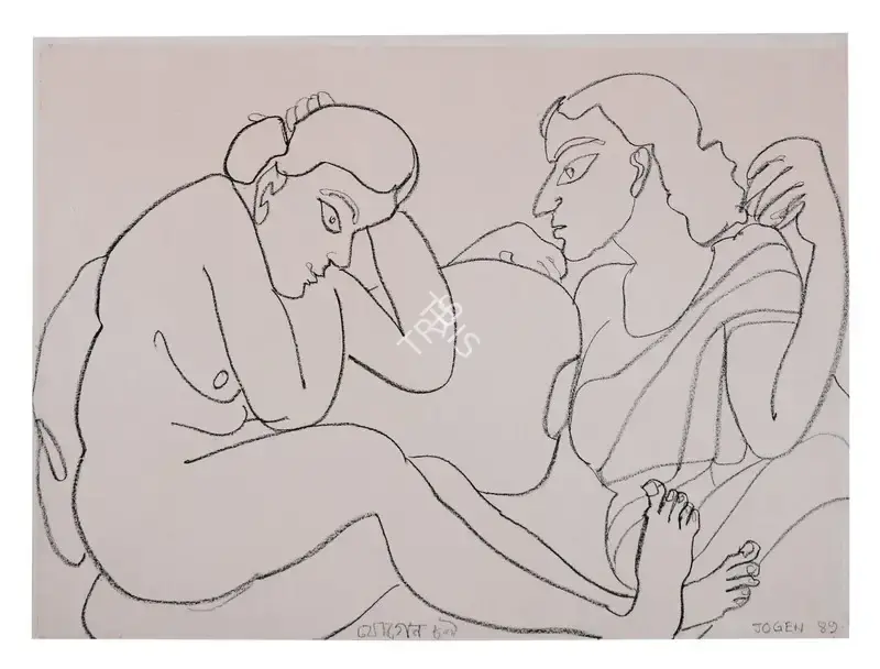 Jogen Chowdhury (Artist), Two Women, 1989, Drawing