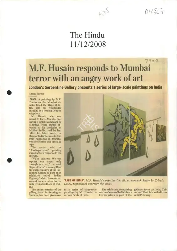 Hasan Suroor (Reporter), M. F. Husain Responds to Mumbai Terror with an Angry Work of Art, 2008, Newspaper Clipping