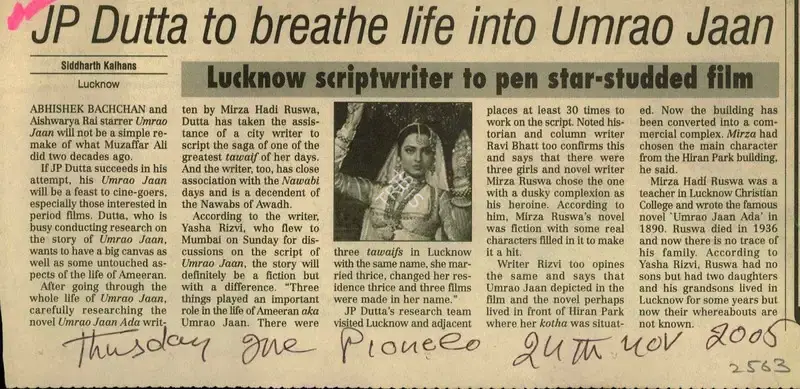 Siddharth Kalhans (Reporter), JP Dutta to Breathe Life Umrao Jaan, 2005, Newspaper Clipping