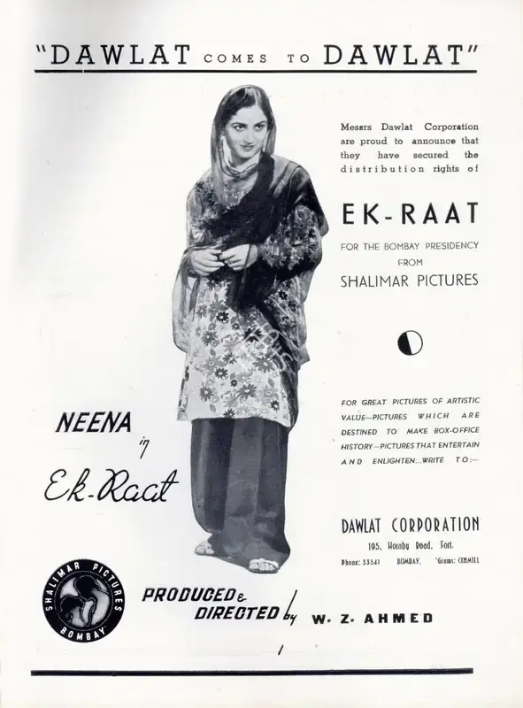 W.Z. Ahmed (Director), Ek Raat, 1942, Advertisement