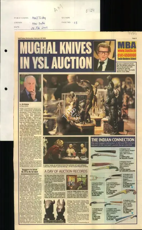 Archana Khare (Reporter), Mughal Knives in Ysl Auction, 2009, Newspaper Clipping