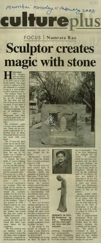 Namrata Rao (Reporter), Sculptor Creates Magic with Stone, 2008, Newspaper Clipping