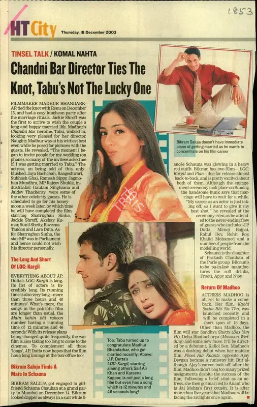 Komal Nahta (Reporter), Chandani Bar Director Ties the Knot, Tabu's Not the Lucky One, 2003, Newspaper Clipping