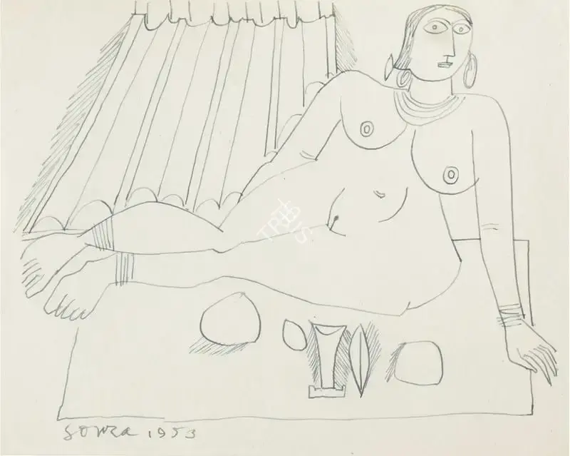F.N. Souza (Artist), Untitled (Seated nude with objects), 1953, Drawing