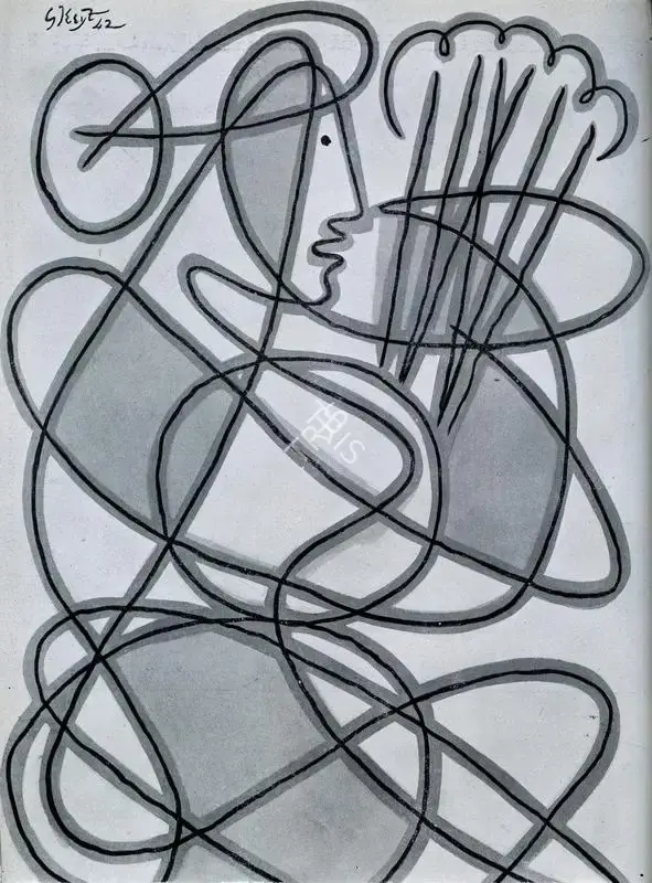 George Keyt (Artist), Line and Brush Study for Girl with Sheaf, 1942, Drawing