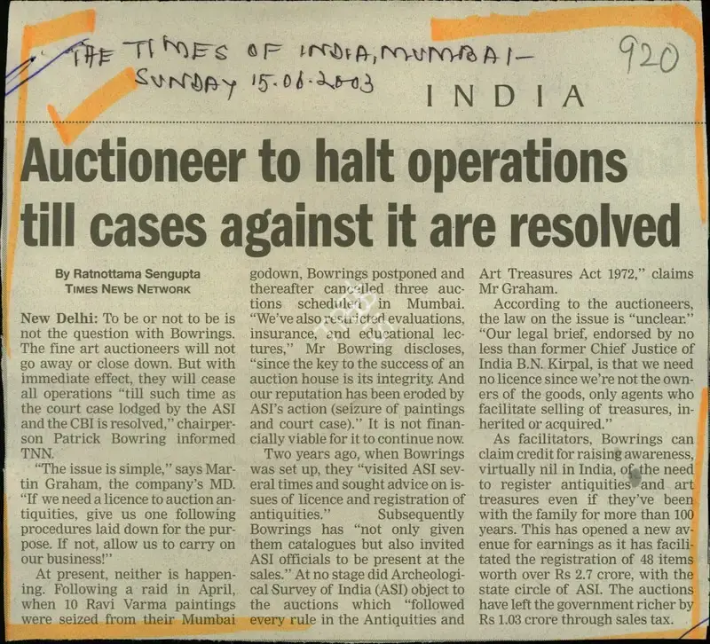 Ratnottama Sengupta (Reporter), Auctioneer to Halt Operations Till Cases Against it are Resolved, 2003, Newspaper Clipping