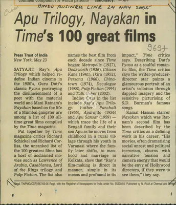 Apu Trilogy, Nayakan in Time's 100 Great Films, 2005, Newspaper Clipping