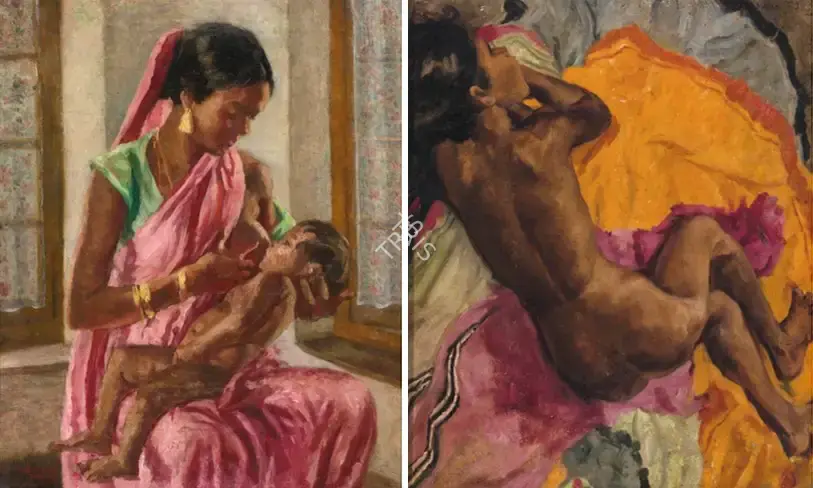 Satish Sinha (Artist), Untitled (Mother And Child And Portrait), 1946, Painting