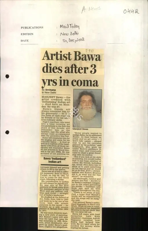 Archana Khare (Reporter), Artist Bawa Dies after 3 yrs in Coma, 2008, Newspaper Clipping