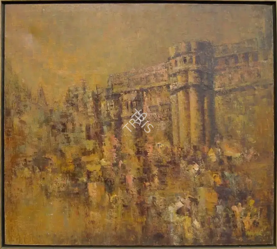 Sheshgiri Upendra Nayak (Artist), Town scene in orange, 1971, Painting
