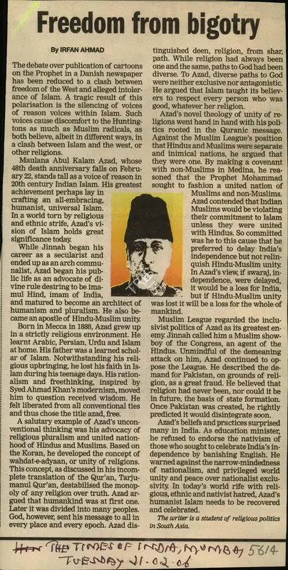 Irfan Ahmad (Writer), Freedom From Bigotry, 2006, Newspaper Clipping