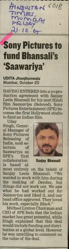 Udita Jhunjhunwala (Reporter), Sony Pictures to Fund Bhansali's Saawariya, 2005, Newspaper Clipping