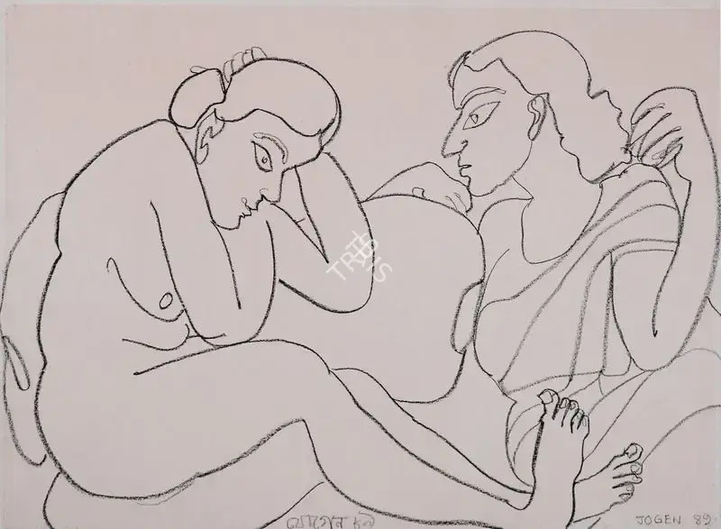 Jogen Chowdhury (Artist), Two Women, 1989, Drawing