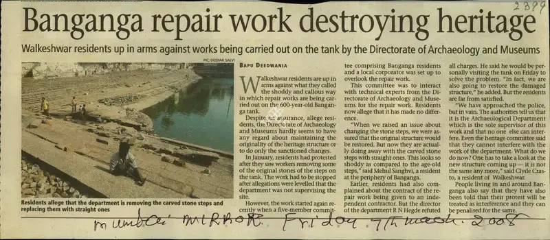 Bapu Deedwania (Reporter), Banganga Repair Work Destrying Heritage, 2008, Newspaper Clipping