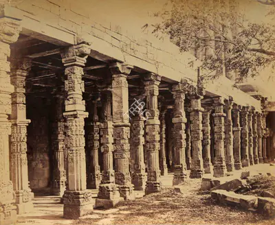 Samuel Bourne (Photographer), Chausath Khamba or Sixty-Four Pillars, Qutub Minar, Delhi, 1865, Antiquarian Photograph