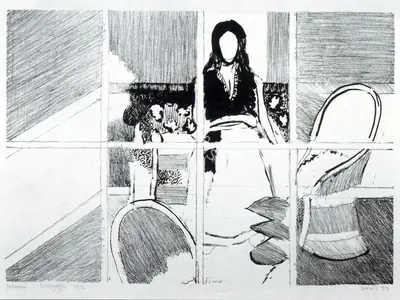K.G. Subramanyan (Artist), Figure in Interior, 1977, Graphic Art
