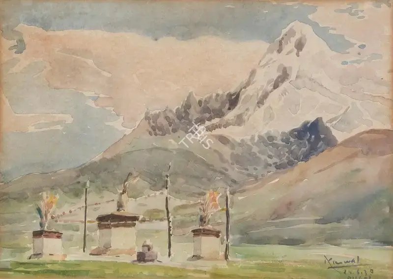 Kanwal Krishna (Artist), Mount Jomolhari from Pagri (Phari), Tibet, 1939, Painting