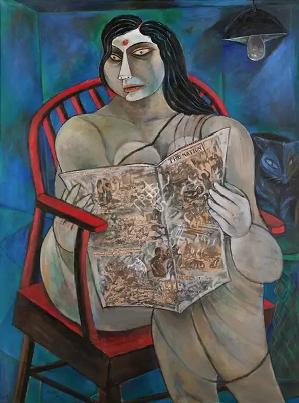 Paritosh Sen (Artist), Woman Reading a Newspaper, 1992, Painting