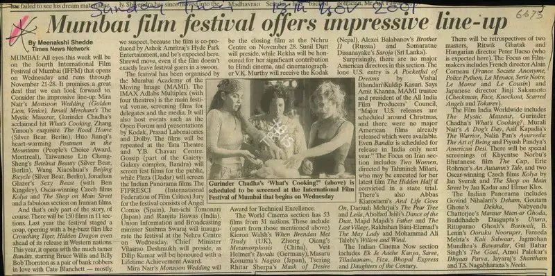 Meenakshi Shedde (Reporter), Mumbai film festival offers Impressive line-up, 2001, Newspaper Clipping