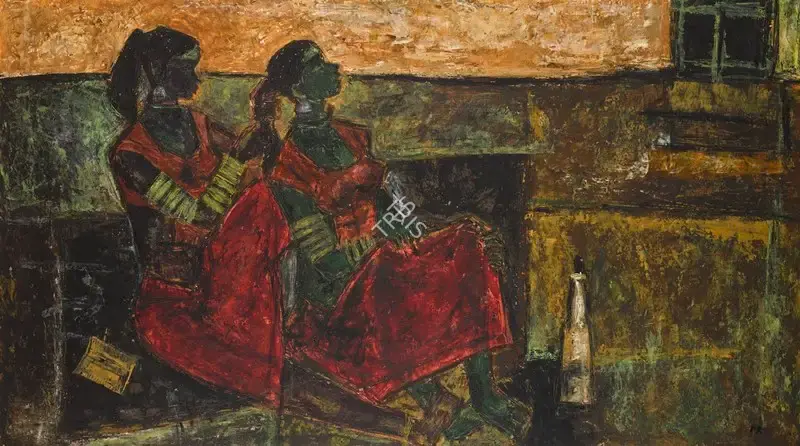 B. Prabha (Artist), Untitled (Two Ladies), 1957, Painting