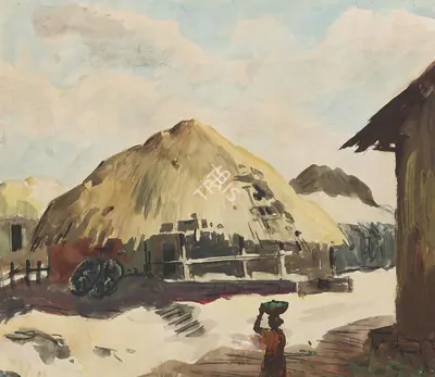 S.H. Raza (Artist), Untitled (Village Scene), 1944, Painting