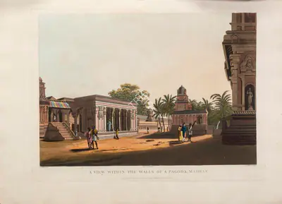 H. Merke (Printmaker), A View within the walls of a Pagoda, Madras, 1804, Aquatint