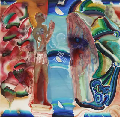 Nilima Sheikh, et al. (Artist), Untitled (The Man Giving Woman the Moon and the Woman Giving Man the Earth), 1999, Painting