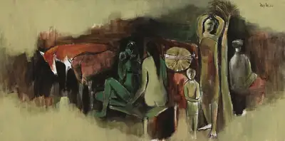 Arup Das (Artist), Untitled (Villagers at Rest), 1964, Painting