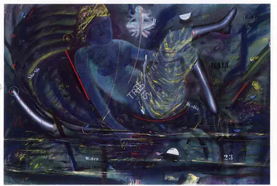 Vinod Dave (Artist), Melting Moon and Burning River, 1996, Painting