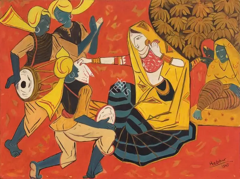 K.K. Hebbar (Artist), Folk Dancers, 1947, Painting