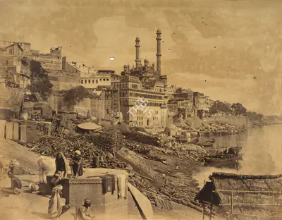 William Baker (Photographer), The Great Mosque of Aurangzeb and adjoining Ghats, Varanasi, 1866, Antiquarian Photograph