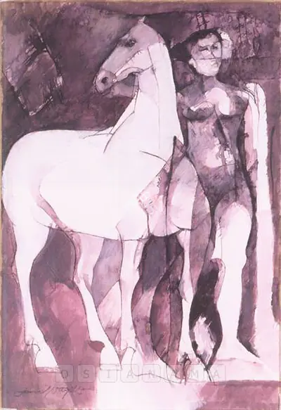 Jamil Naqsh (Artist), Nude And Horse, 1995, Painting