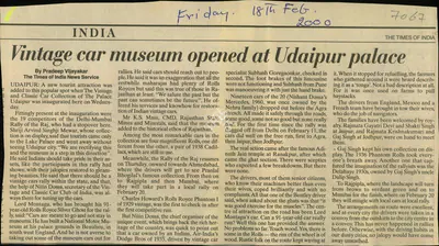 Pradeep Vijayakar (Reporter), Vintage car Museum Opened at Udaipur palace, 2000, Newspaper Clipping