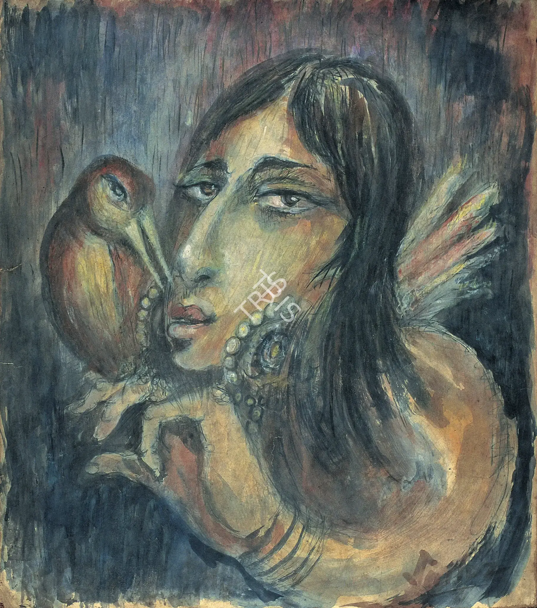 Mookherjea, Sailoz (Artist). Woman With Bird, 1950 | Painting, Os.Del/27.01.12, 2012 · Osian's