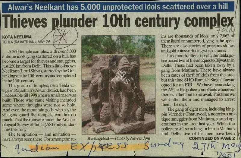 Kota Neelima (Reporter), Thieves Plunder 10th Century Complex, 2001, Newspaper Clipping