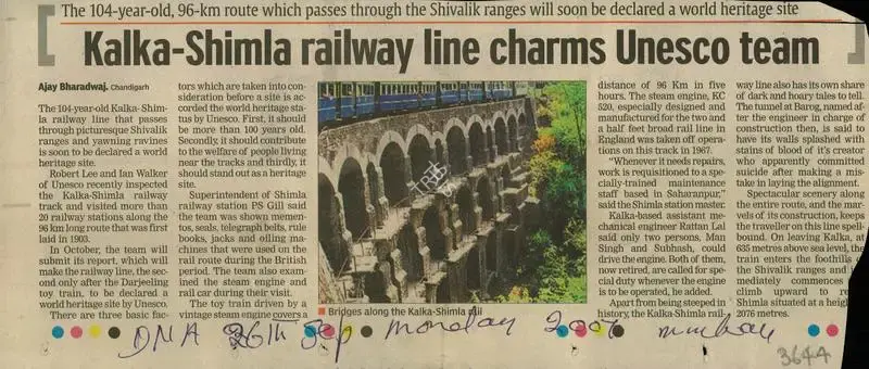 Ajay Bharadwaj (Reporter), Kalka-Shimla Railway Line Charms Unesco Team, 2007, Newspaper Clipping