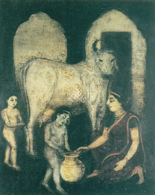 Bengal School (Artist), Jasodha with Krishna Balaram and the Cow, 1910, Painting
