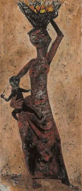 Krishen Khanna (Artist), Woman with A Basket of Fruit, 1957, Painting