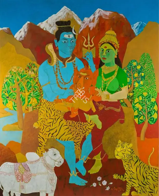 Goud, K. Laxma (Artist). Untitled (Shiv Parivar), 2017 | Painting, Ar.Onl/27.03.17, 2017 · Artiana