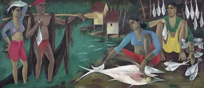 A.A. Raiba (Artist), Fishing Village, 1975, Painting