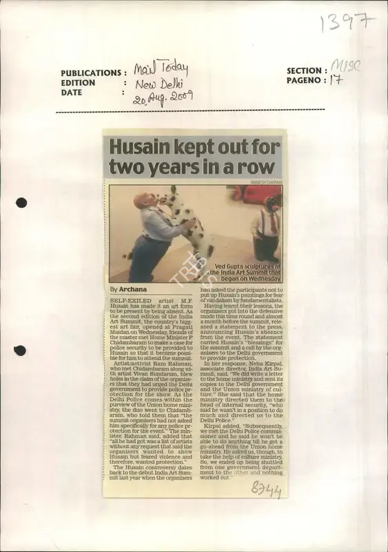 Archana Khare (Reporter), Husain Kept Out for Two Years in A Row, 2009, Newspaper Clipping
