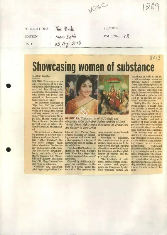 Madhur Tankha (Reporter), Showcasing Women of Substance, 2008, Newspaper Clipping