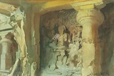 S.L. Haldankar (Artist), Ancient Glory, Elephanta Caves, Painting