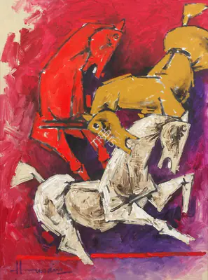 M.F. Husain (Artist), Untitled (Horses), 1991, Painting