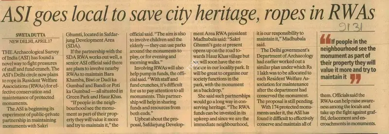 Sweta Dutta (Reporter), ASI goes local to save city Heritage, Ropes in RW As, 2009, Newspaper Clipping